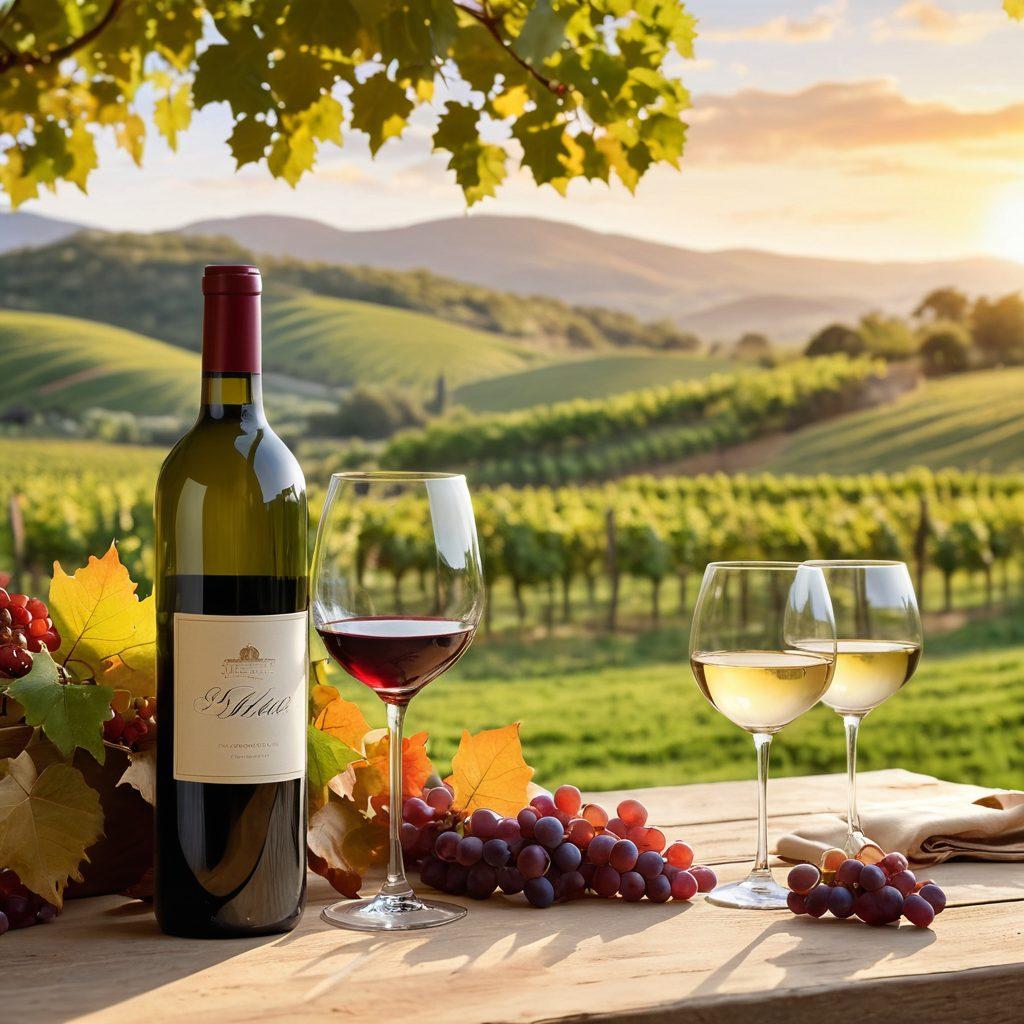 A picturesque vineyard at sunset, with lush grapevines leading to a beautifully set outdoor table adorned with an elegant wine bottle and glasses filled with deep red and white wine. Soft golden light casts a warm glow, evoking a sense of relaxation and sophistication. Include elements of nature, such as rolling hills in the background and a gentle breeze depicted through swaying leaves. super-realistic. vibrant colors. warm tones.