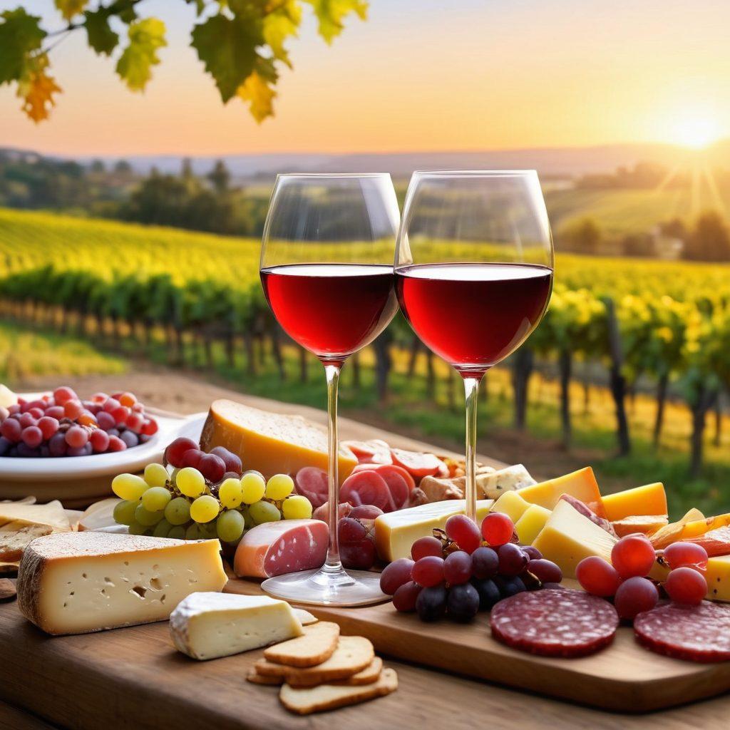 A serene vineyard landscape at sunset, with elegant wine glasses filled with rich red and white wines in the foreground. Include an array of gourmet cheese and charcuterie artfully arranged beside the glasses. Show joyful people laughing and tasting wine, basking in the warm glow of the sun. Soft whispers of grapevines in the breeze, creating a warm, inviting atmosphere. super-realistic. vibrant colors. warm lighting.