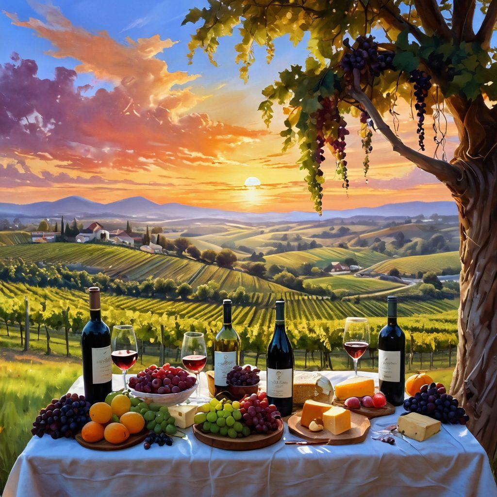 A whimsical vineyard landscape at sunset, featuring ripe grapevines and a wooden table set with a variety of Aird wines and joyful pairings of cheeses and fruits, with people laughing and toasting glasses, spreading a sense of joy and bliss. The sky is painted with warm pastel hues, adding a magical ambiance to the scene. painting. vibrant colors. atmospheric light.